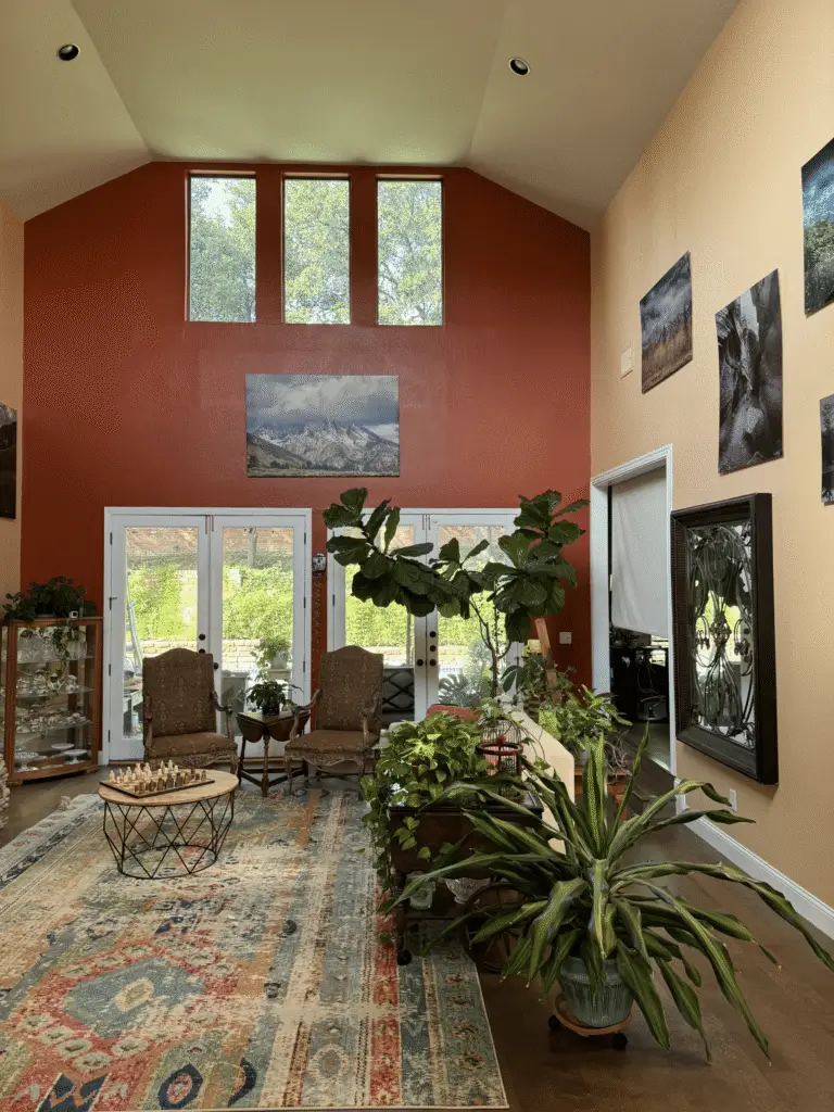 Dramatic living room with vaulted ceiling, red accent wall, large indoor plants, Persian rug and French doors